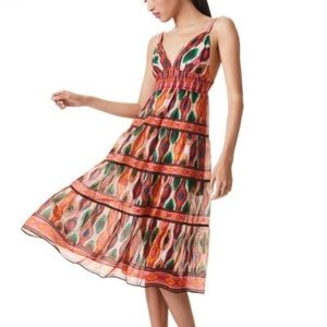 Alice + Olivia Santina Midi Dress V-neck Strap Tiered Cotton Silk